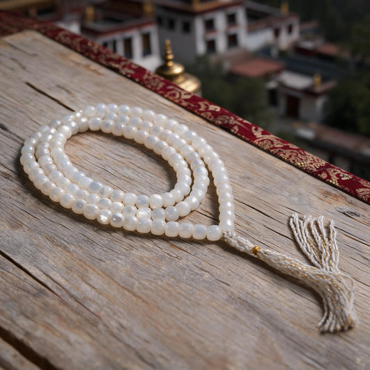 Handcrafted Mother-of-Pearl 108 & 27-Bead Mala Collection - Tibetan Spirit · 7×6 mm · 108 Beads · White-Gold Tassel - three-quarter view