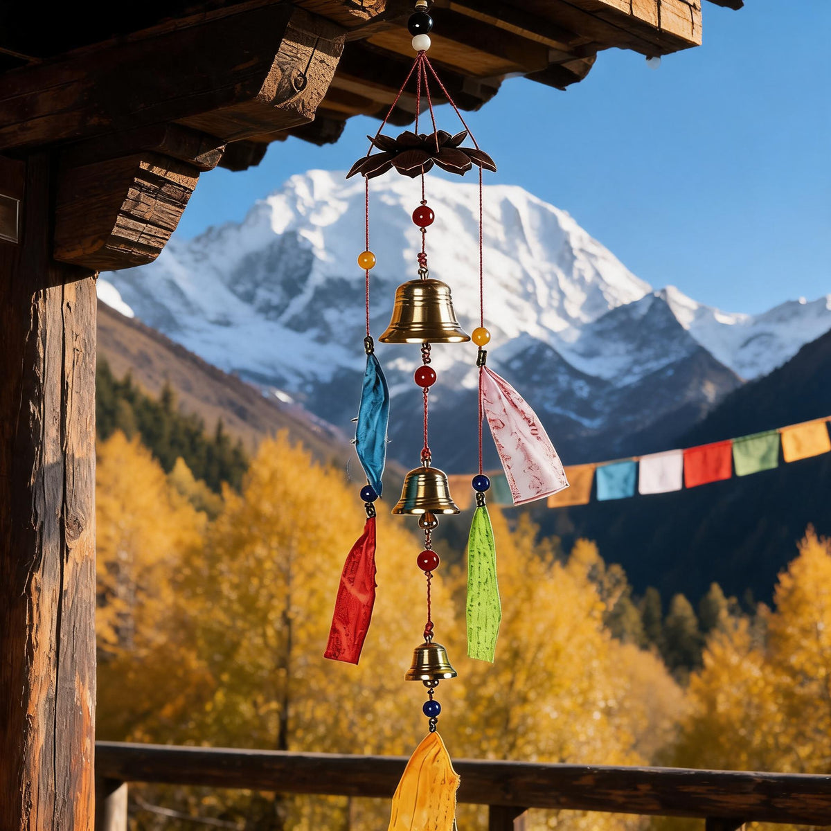 Tibetan wind chime lifestyle scene hanging in Himalayan landscape