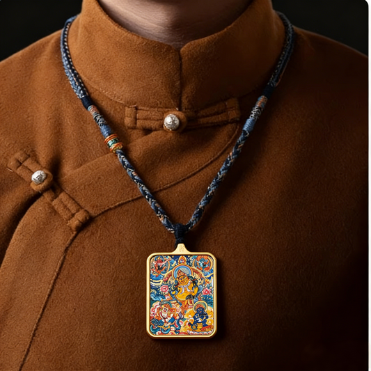 Five Wealth Gods thangka pendant side view