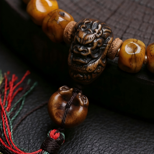 Carved yak bone faceless bead bracelet close up