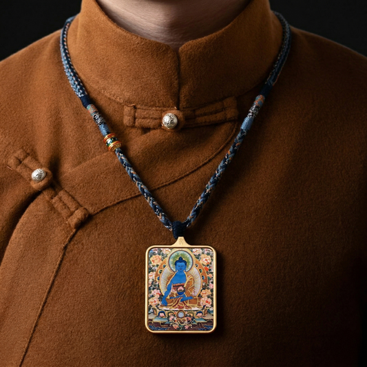 Medicine Buddha thangka pendant side view