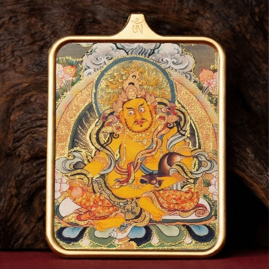 Yellow Jambhala hand painted thangka pendant main view
