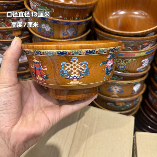 Eight auspicious motifs Tibetan inspired hand painted wood bowl main view