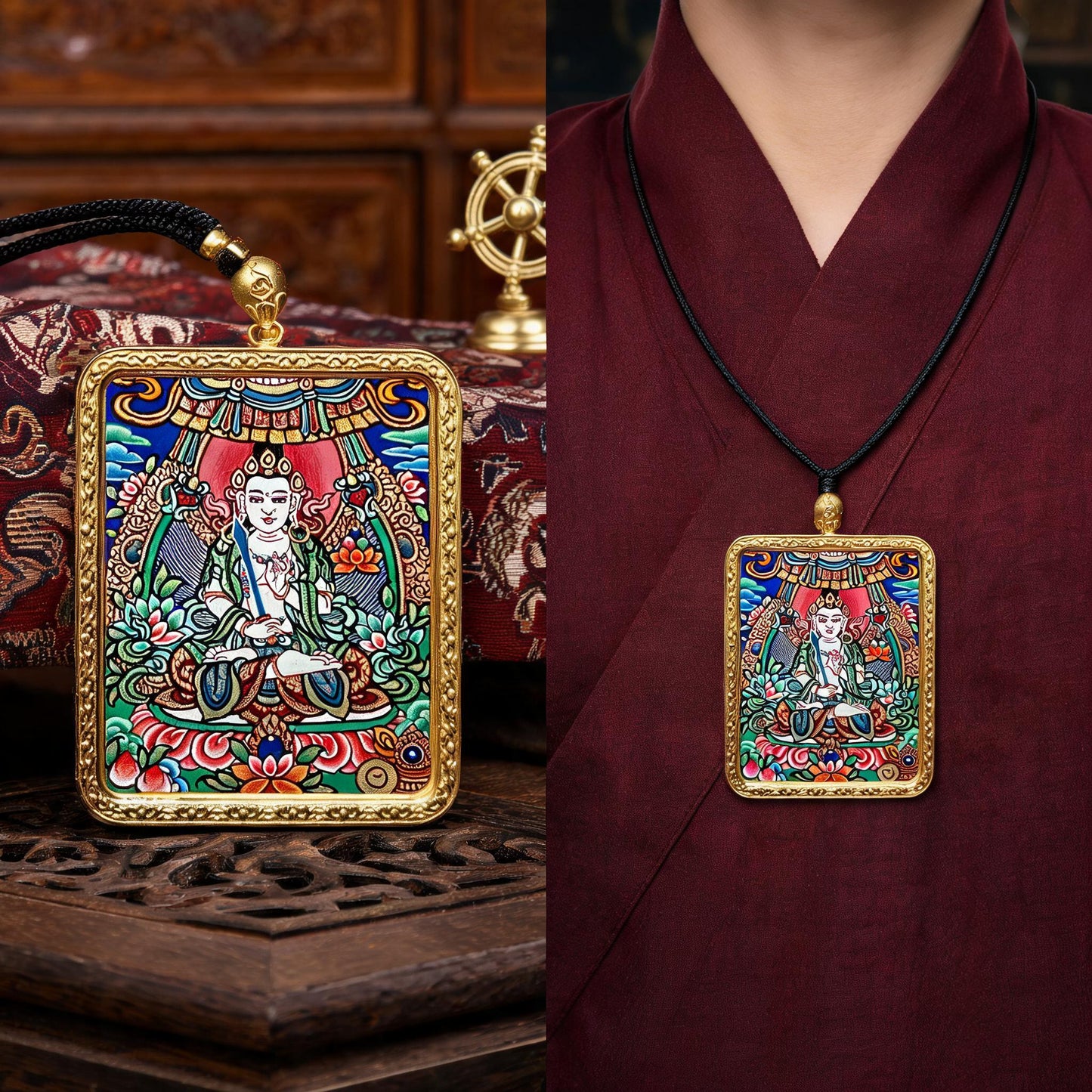 Akasagarbha Bodhisattva hand-painted Thangka pendant proportional wearing view