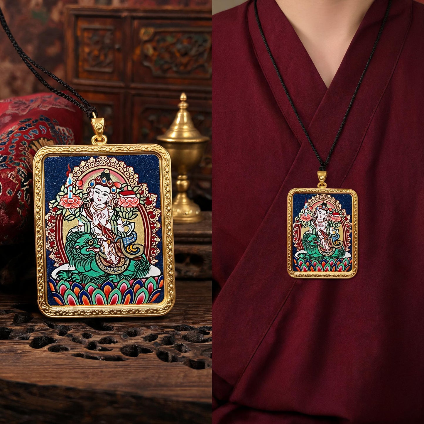 Manjushri hand-painted Thangka pendant proportional wearing view