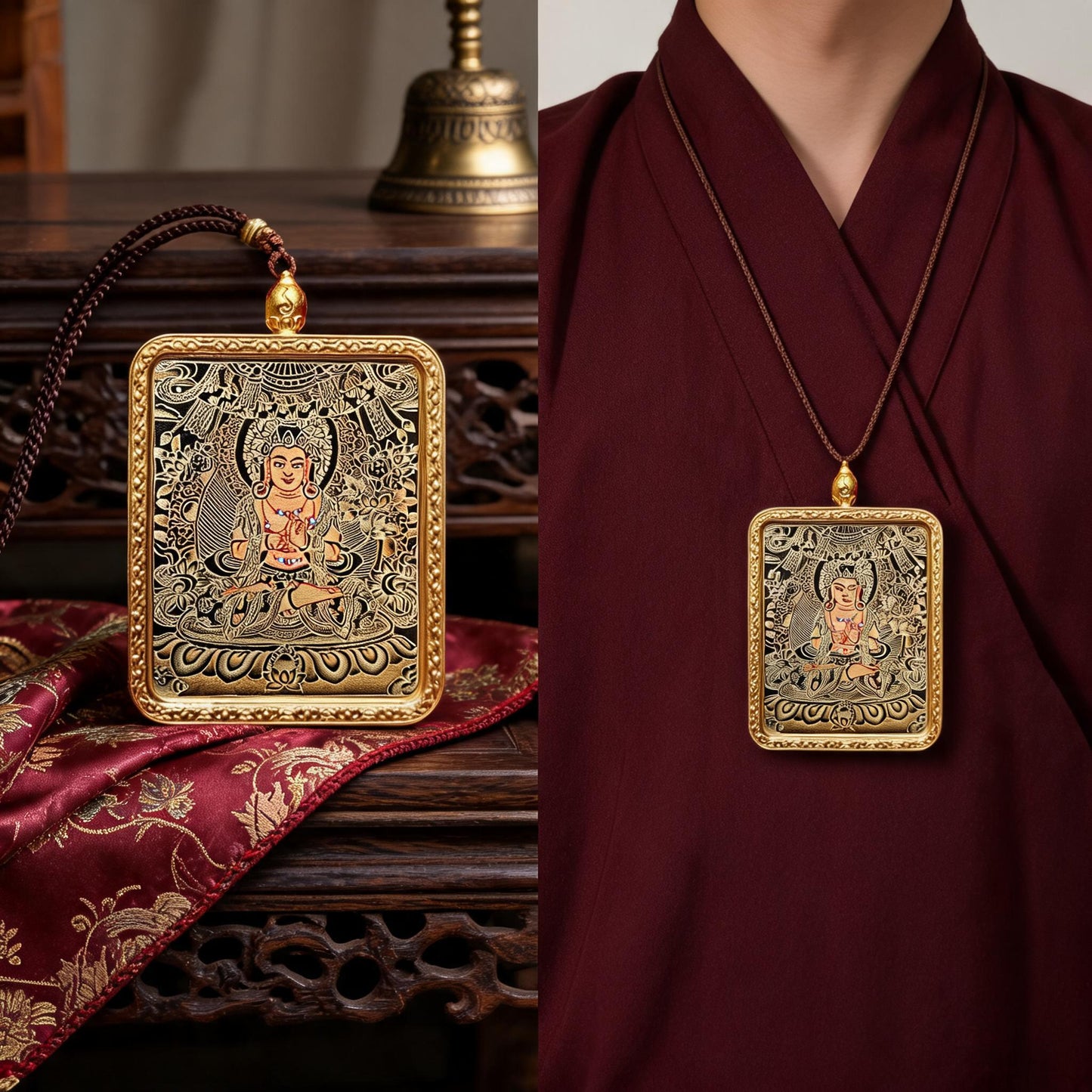 Mahasthamaprapta hand-painted Thangka pendant proportional wearing view