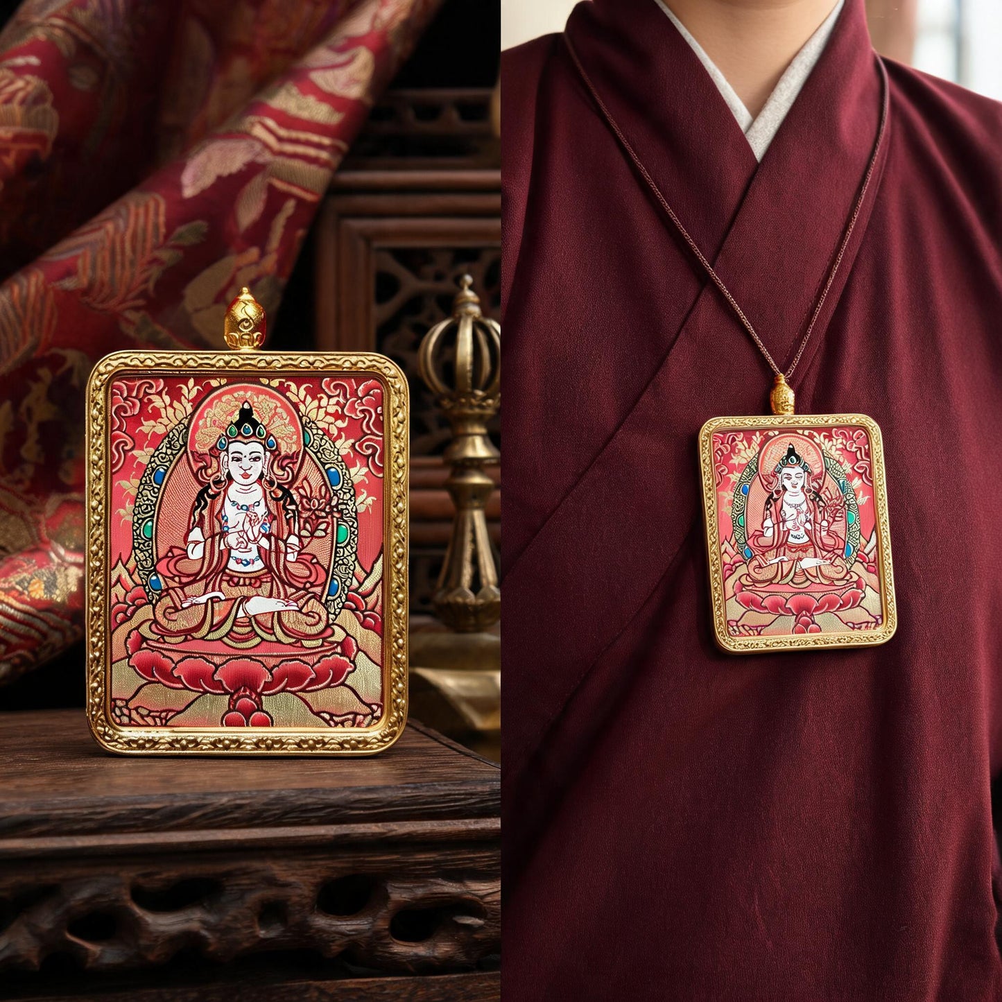 Mahasthamaprapta hand-painted Thangka pendant proportional wearing view
