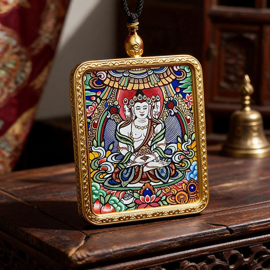 Vairocana Buddha hand-painted Thangka pendant three-quarter side view
