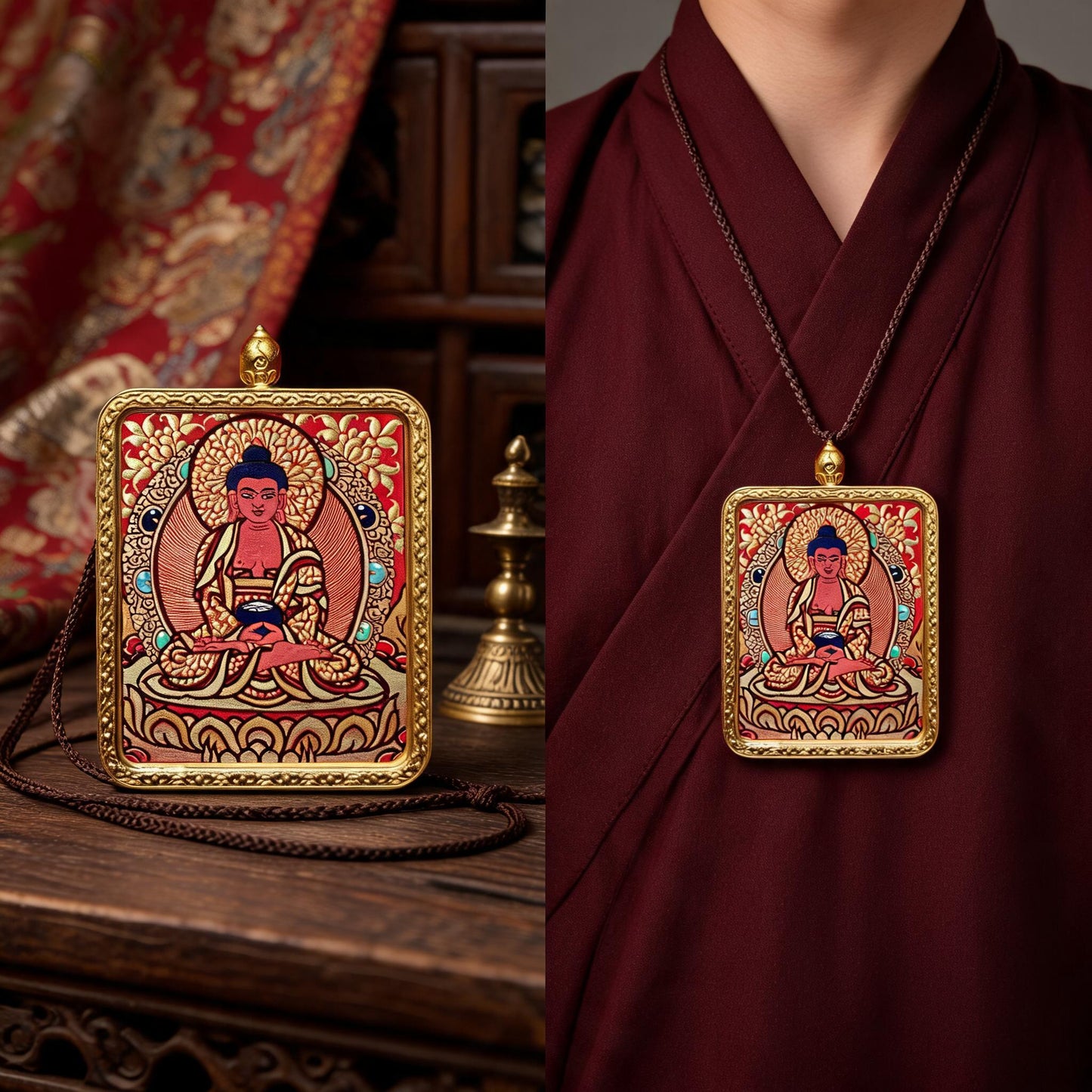 Amitabha Buddha hand-painted Thangka pendant proportional wearing view