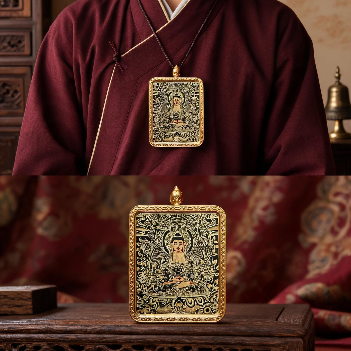 Amitabha Buddha hand-painted Thangka pendant proportional wearing view