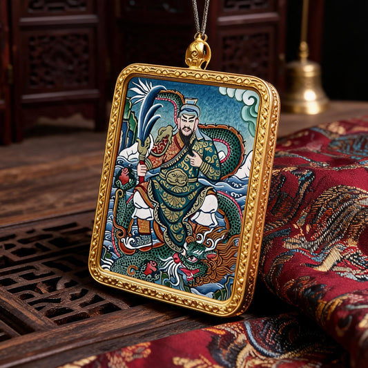 Guan Gong hand-painted Thangka pendant three-quarter side view