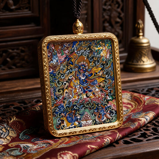 Palden Lhamo hand-painted Thangka pendant three-quarter side view