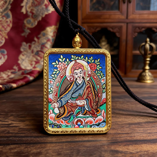 Padmasambhava hand-painted Thangka pendant three-quarter side view