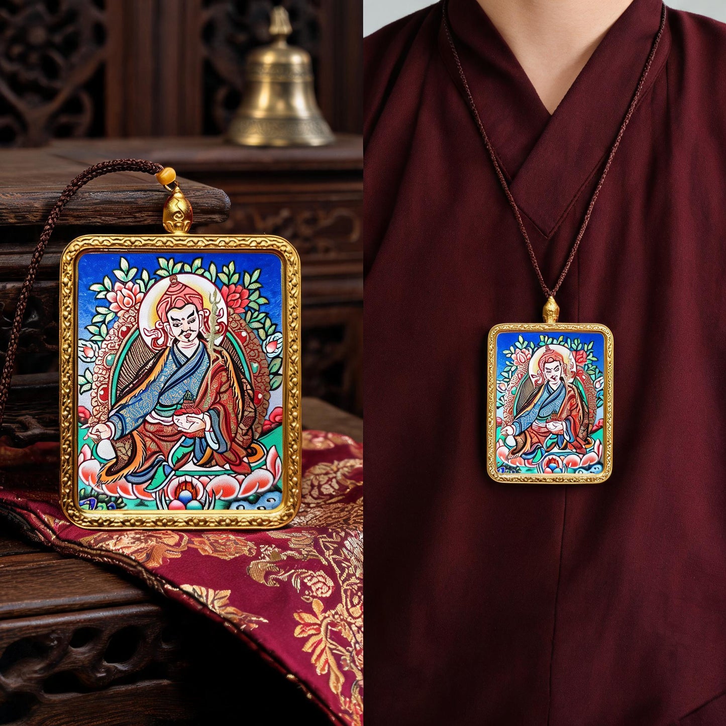 Padmasambhava hand-painted Thangka pendant proportional wearing view