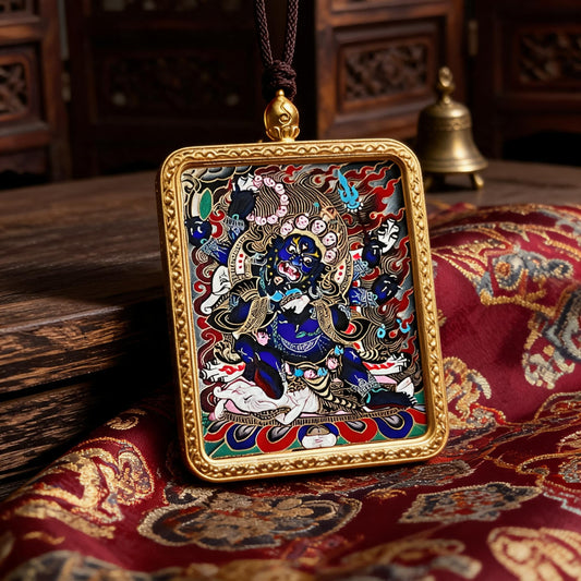 Six-Armed Mahakala hand-painted Thangka pendant three-quarter side view