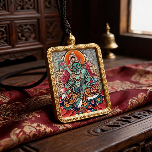 Green Jambhala hand-painted Thangka pendant three-quarter side view