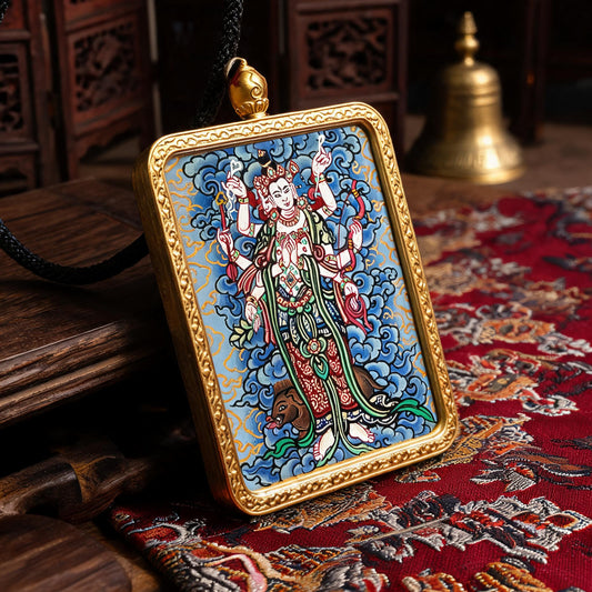 Marici hand-painted Thangka pendant three-quarter side view