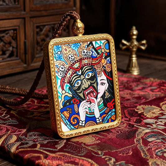 Past and Present Life Sacred Motif hand-painted Thangka pendant three-quarter side view