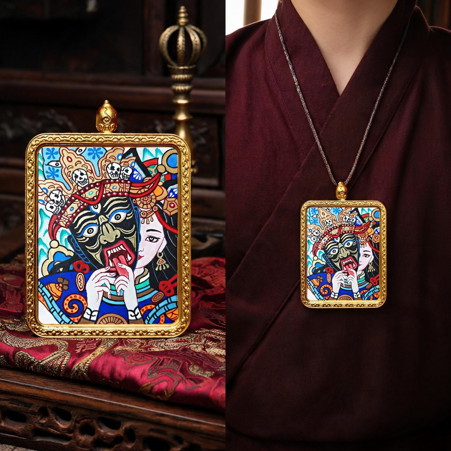 Past and Present Life Sacred Motif hand-painted Thangka pendant proportional wearing view