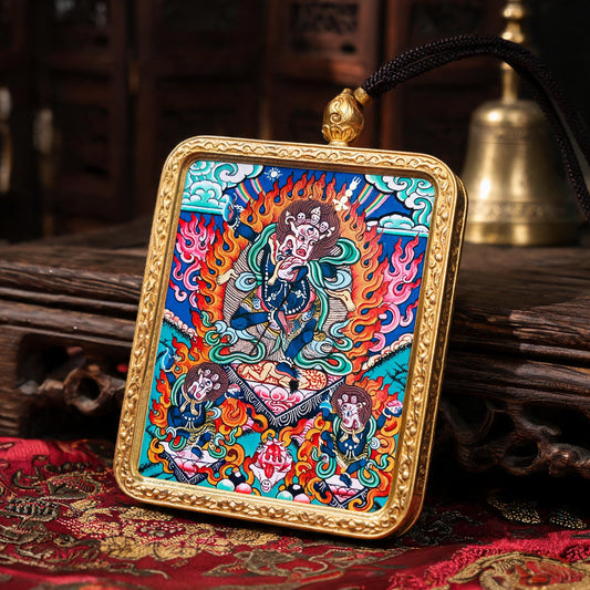 Simhamukha hand-painted Thangka pendant three-quarter side view