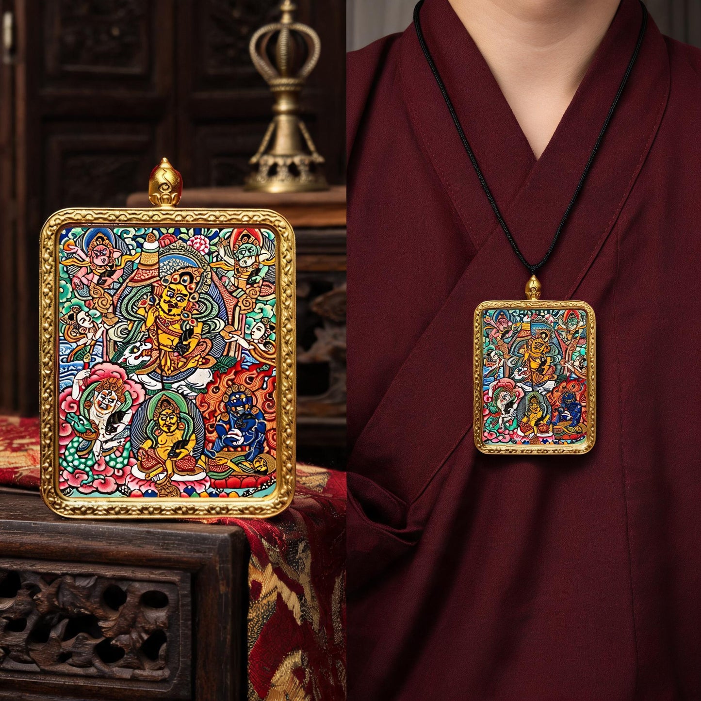 Five Jambhalas hand-painted Thangka pendant proportional wearing view