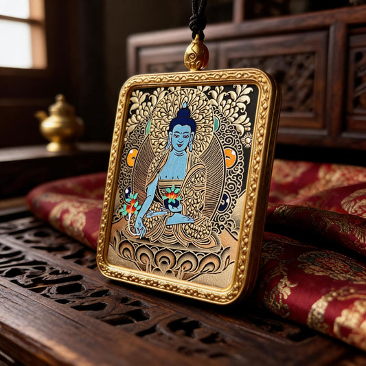 Medicine Buddha hand-painted Thangka pendant three-quarter side view