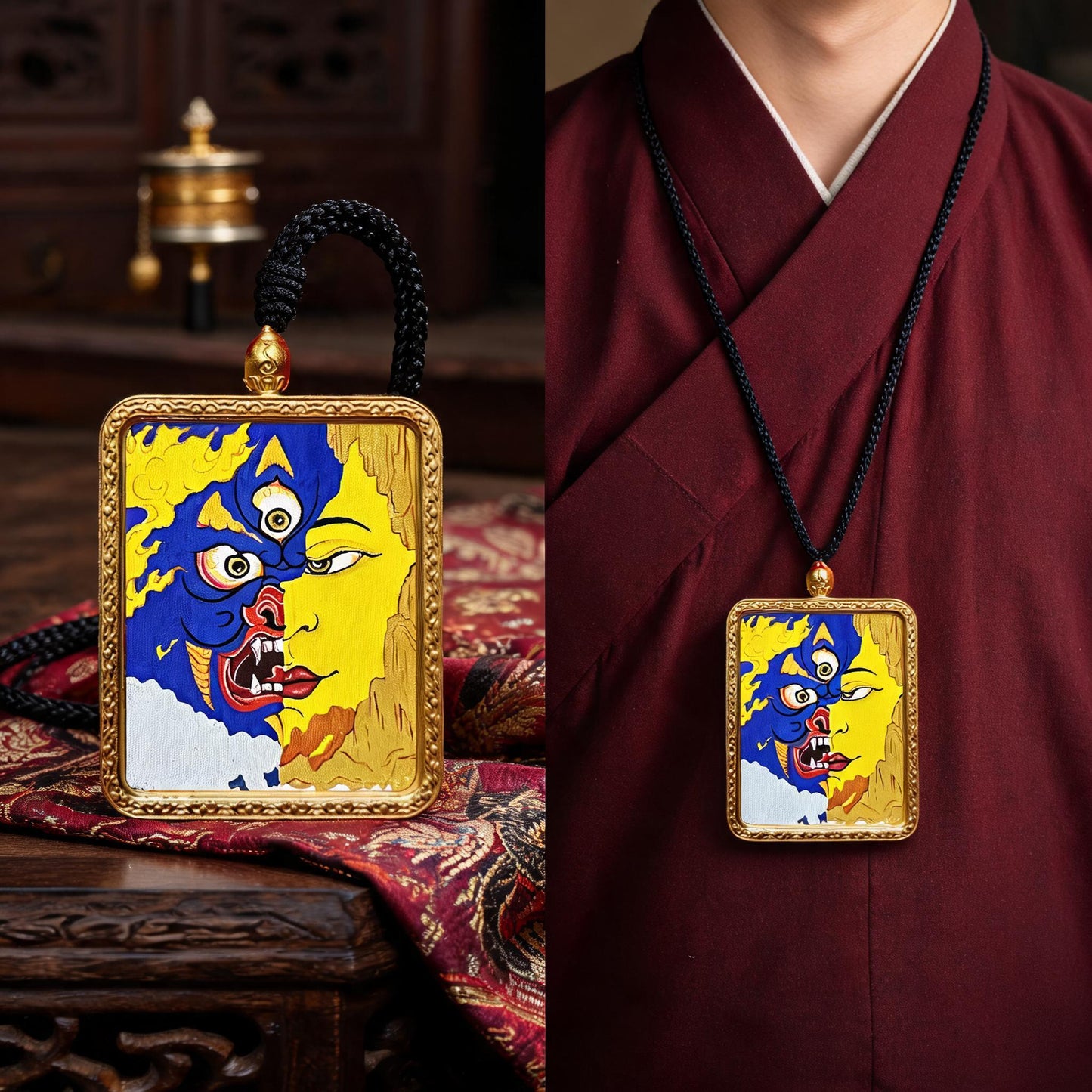 Within a Single Thought Sacred Motif hand-painted Thangka pendant proportional wearing view