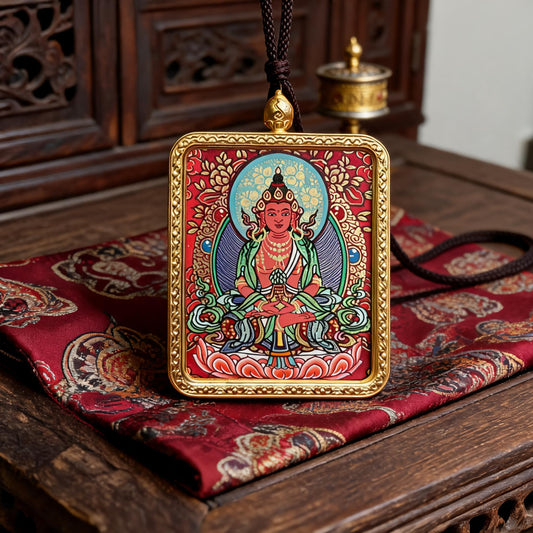Amitayus Longevity Buddha hand-painted Thangka pendant three-quarter side view