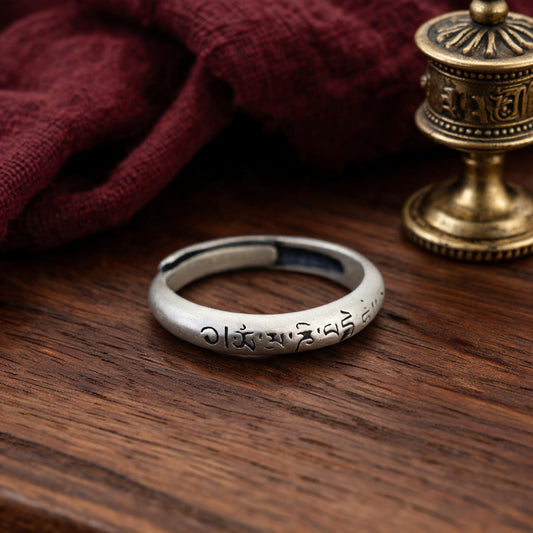 S925 Silver Six-Syllable Mantra Adjustable Ring three-quarter view