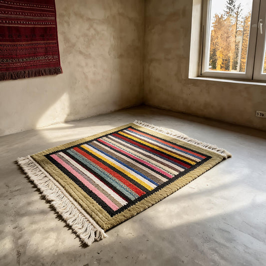 Handwoven Rainbow Stripe Himalayan Wool Rug three-quarter view