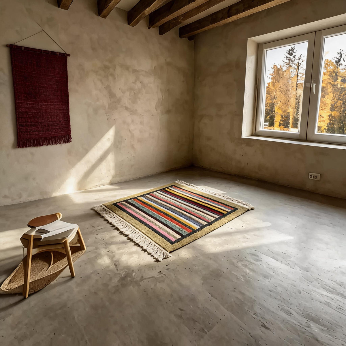 Handwoven Rainbow Stripe Himalayan Wool Rug proportional interior view