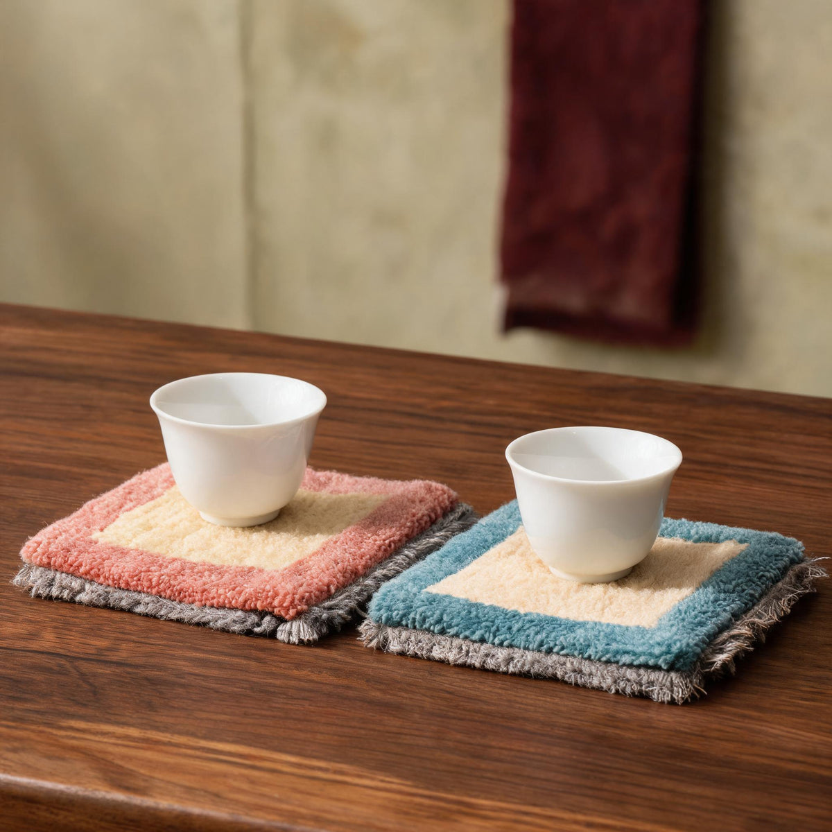 Handwoven Tibetan Wool Fringed Tea Mat Pair proportional interior view
