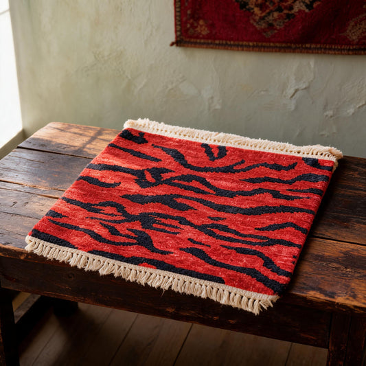 Crimson Blue Tiger Stripe Mini Tibetan Rug three-quarter view