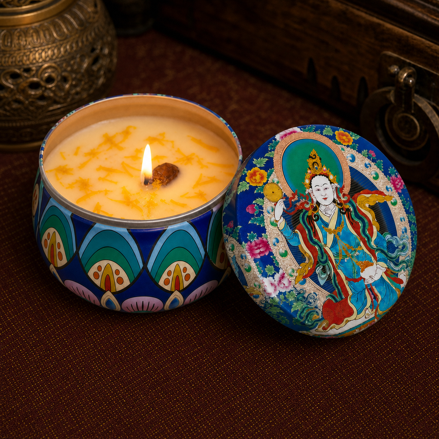 Dakini Sandalwood Thangka Candle lit interior view