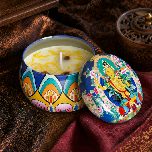 Manjushri Lotus Thangka Candle three-quarter view