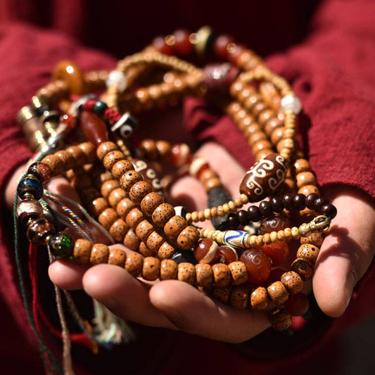 Handcrafted Star and Moon Bodhi Long Necklace - seed texture