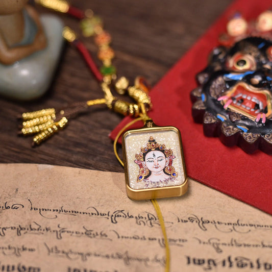 Hand-Painted White Tara Thangka Necklace with Red Cord - pendant angle