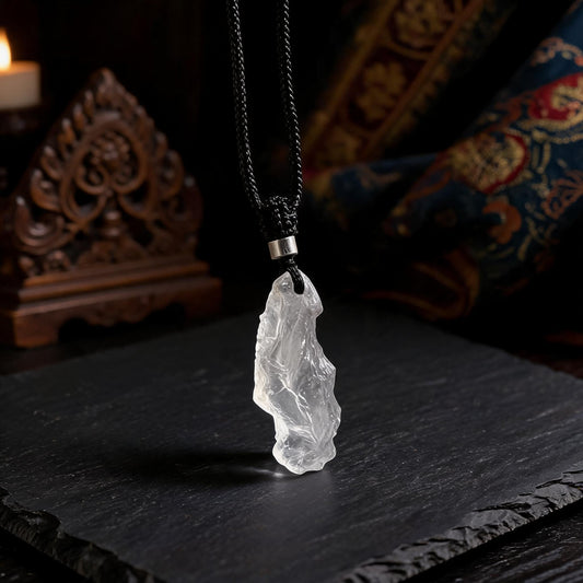 Himalayan clear quartz raw stone pendant necklace with adjustable black cord three quarter view