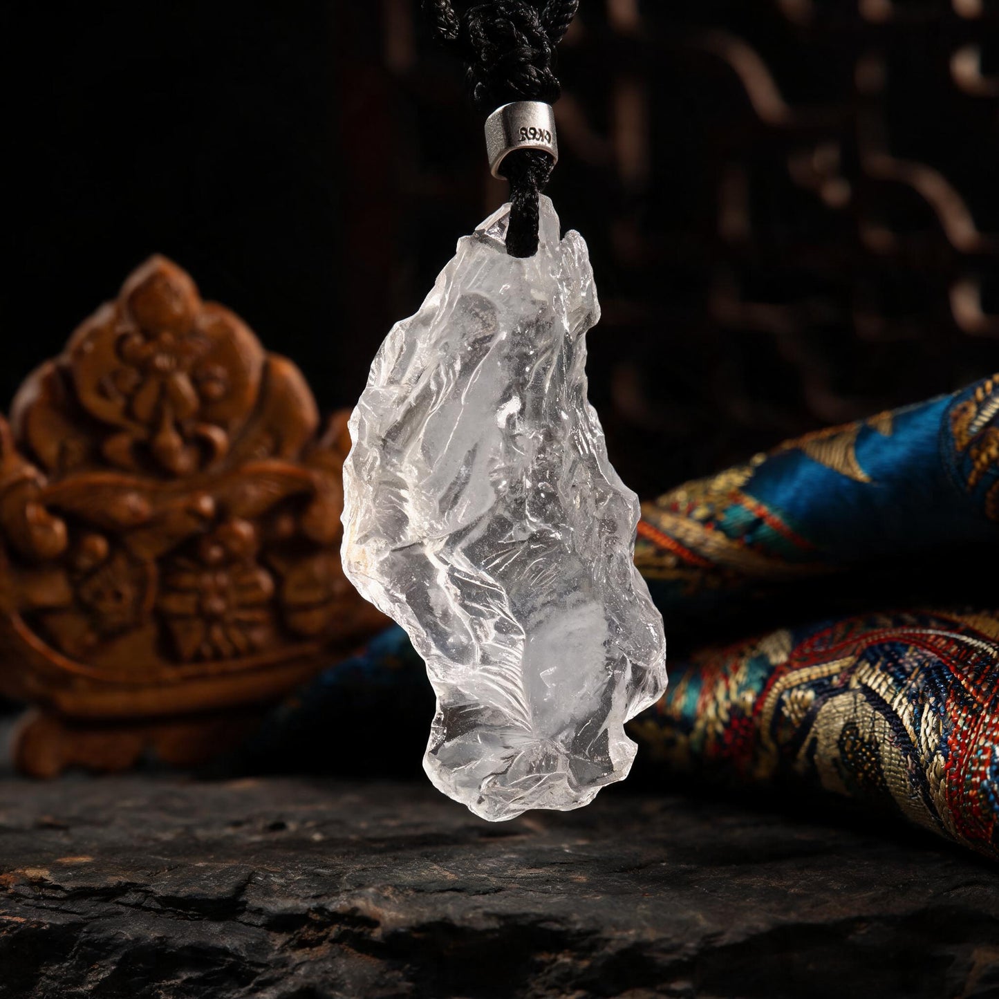 Himalayan clear quartz raw stone pendant necklace with adjustable black cord raw quartz detail