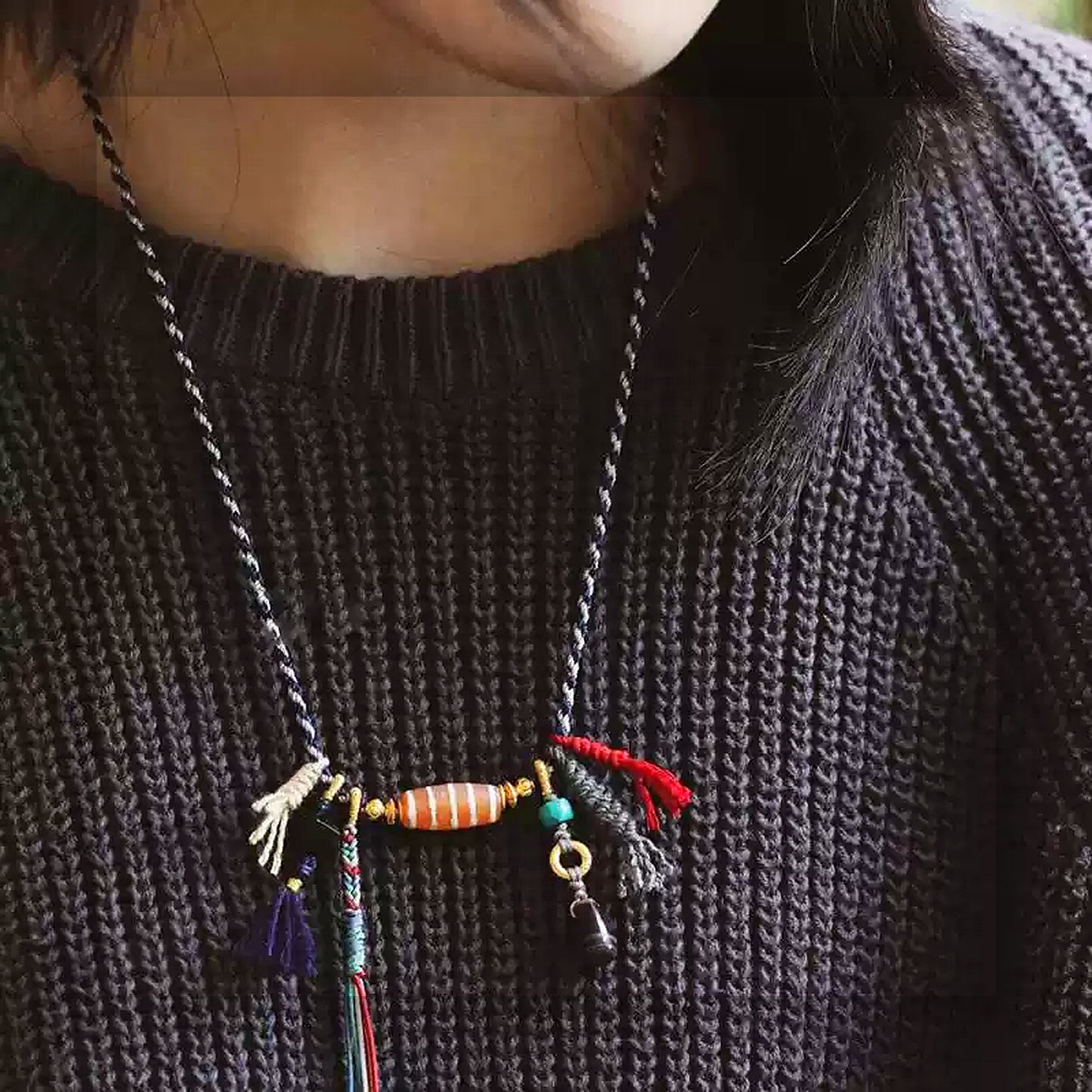 Handcrafted Tibetan agate Dzi bead multi strand necklace wearing view