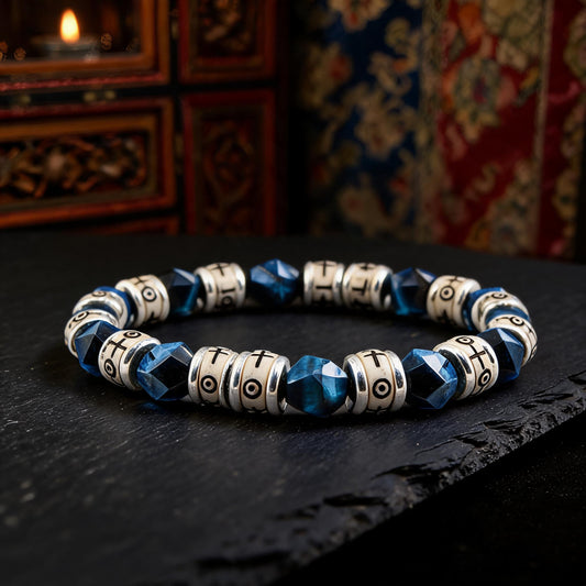 Blue Tiger Eye & Carved Bone Tibetan-Style Beaded Bracelet three-quarter side view