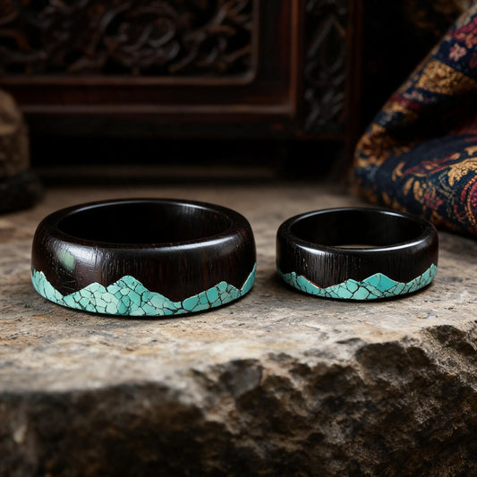 Qing Shan Zai Ebony Wood & Turquoise Inlay Ring wide and narrow band front view