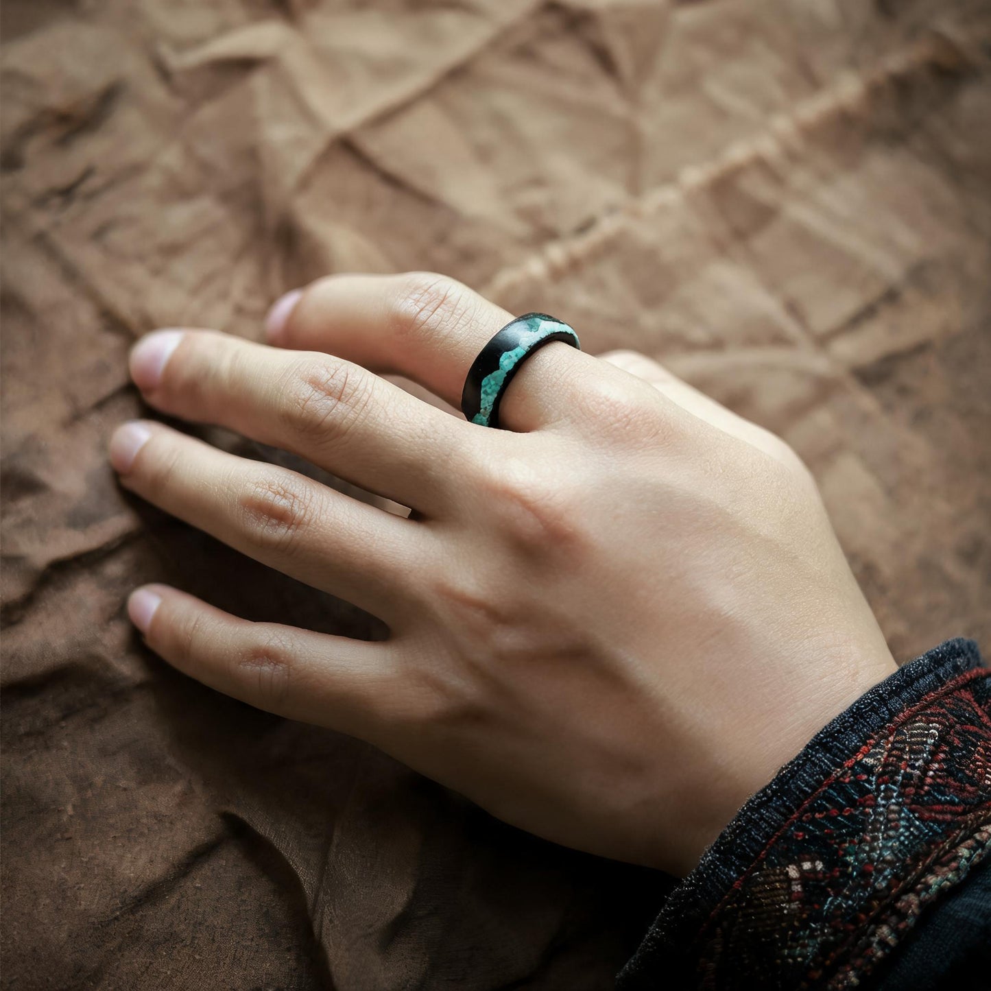 Qing Shan Zai Ebony Wood & Turquoise Inlay Ring wearing scale view
