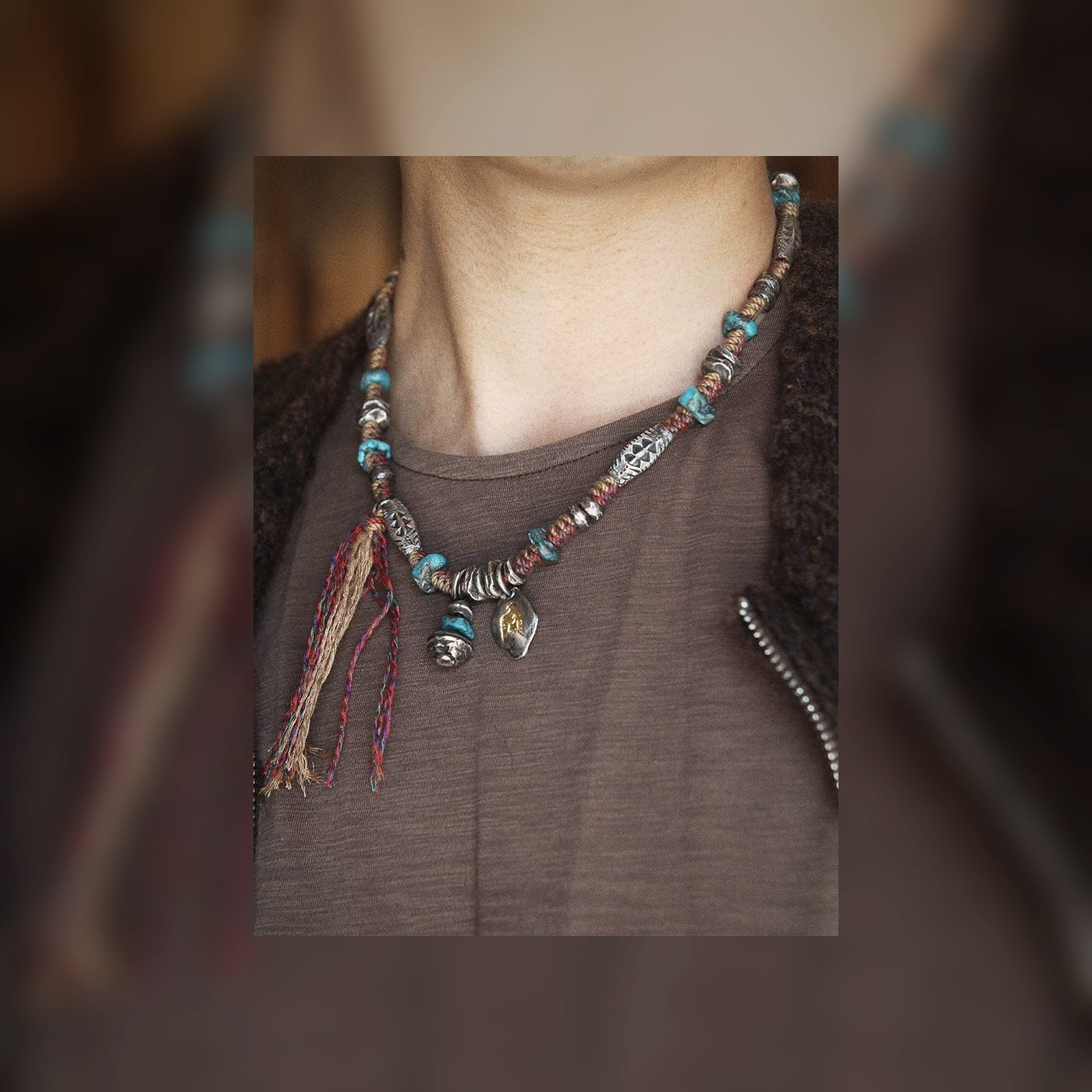 Tea Horse nomadic handwoven Tibetan-style necklace wearing scale view