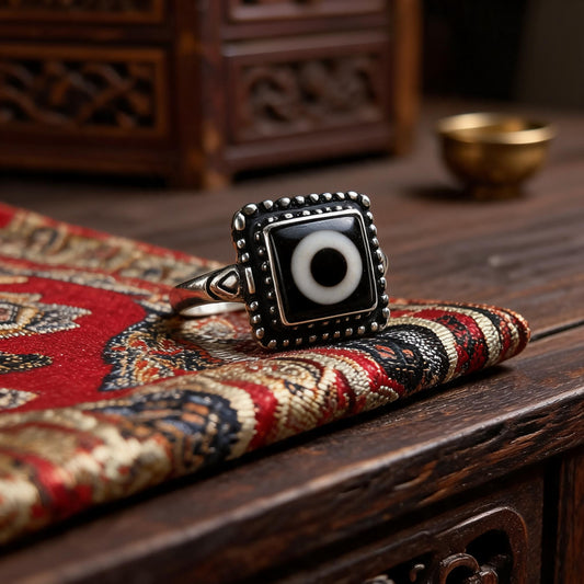 S925 silver inlaid Dzi agate ring Style 2