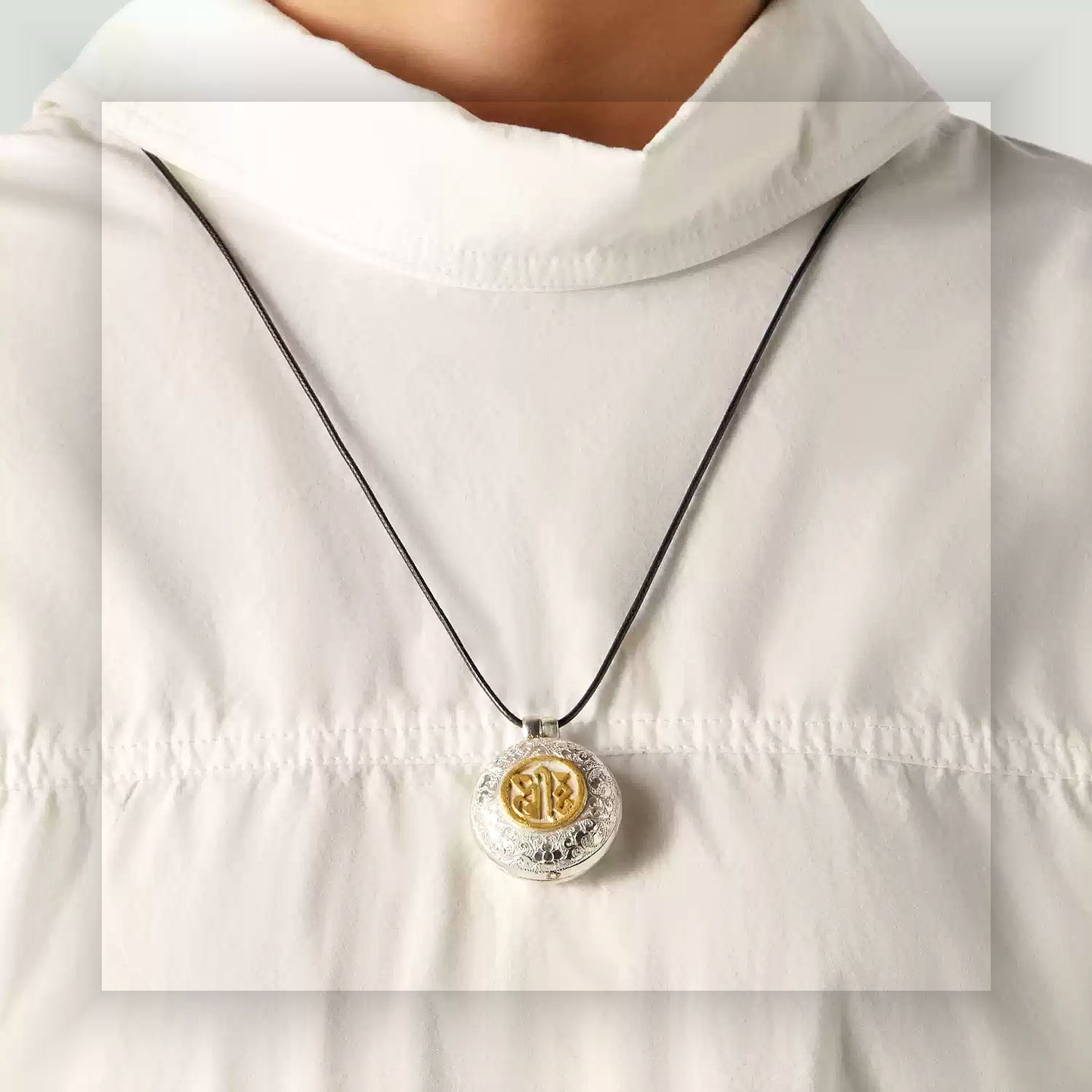 Handcrafted S925 silver gilded wisdom Gau pendant necklace white garment wearing scale view