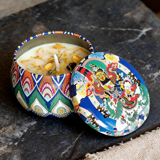 Vaishravana Rosemary Thangka Candle — overhead still-life view