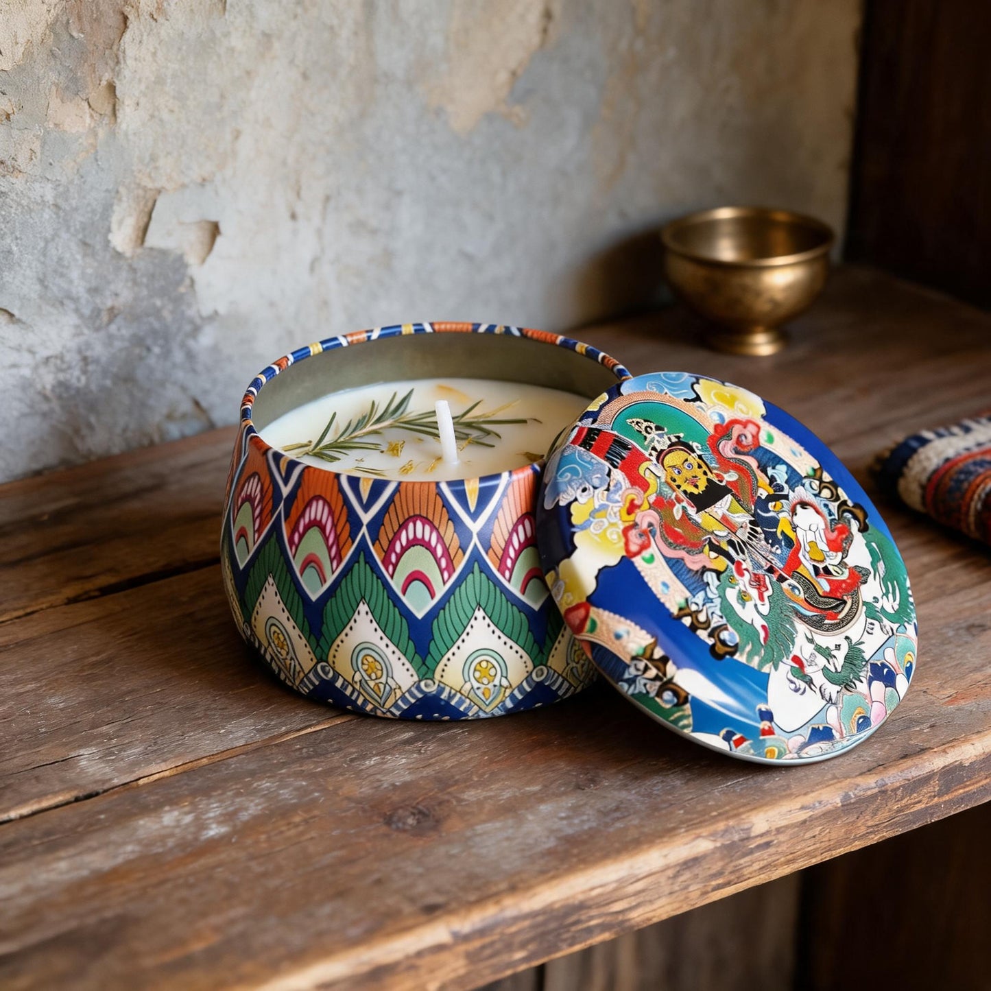 Vaishravana Rosemary Thangka Candle — artisan shelf context view