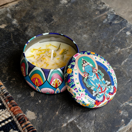 Vajradhara Rosemary Thangka Candle — overhead still-life view