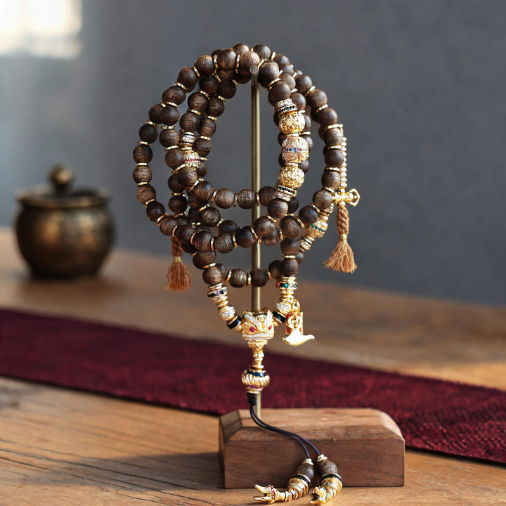 Handcrafted Agarwood & Clear Quartz Multi-Wrap Mala
